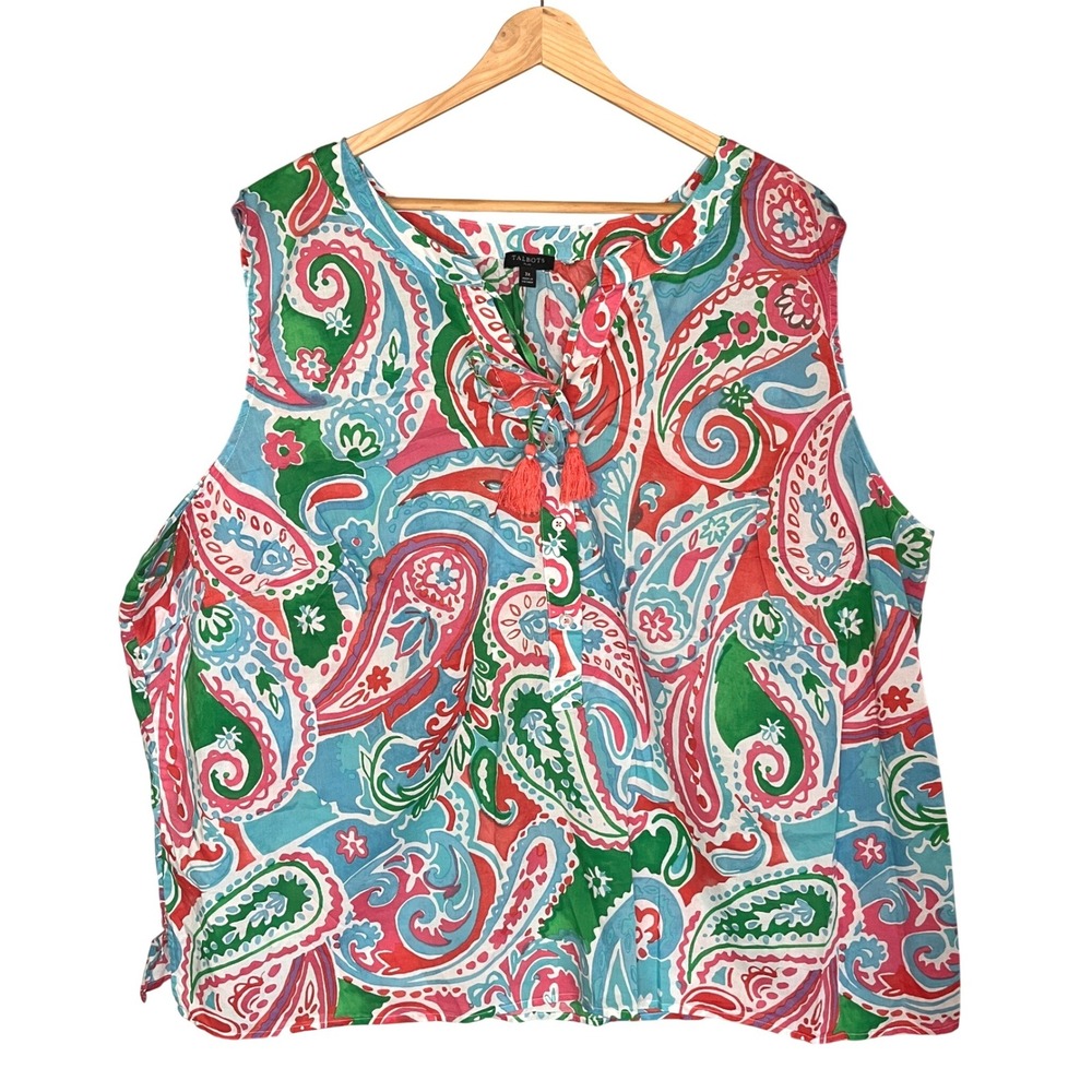 Talbots Plus 3X Paisley Sleeveless Cotton Top Pink Blue Green Tassel Henley 1399